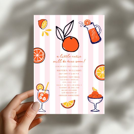 Invitation Fête de Bébé Fille Orange Doodle Mignonne