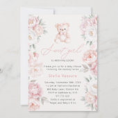 Invitation Fête de bébé fille ours en peluche rose fleurs (Devant)