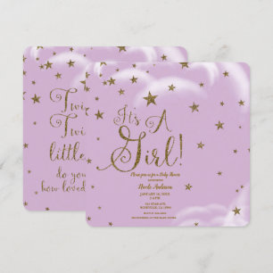 Invitation Fête de Bébé Fille Paillettes Or Rose Étoiles