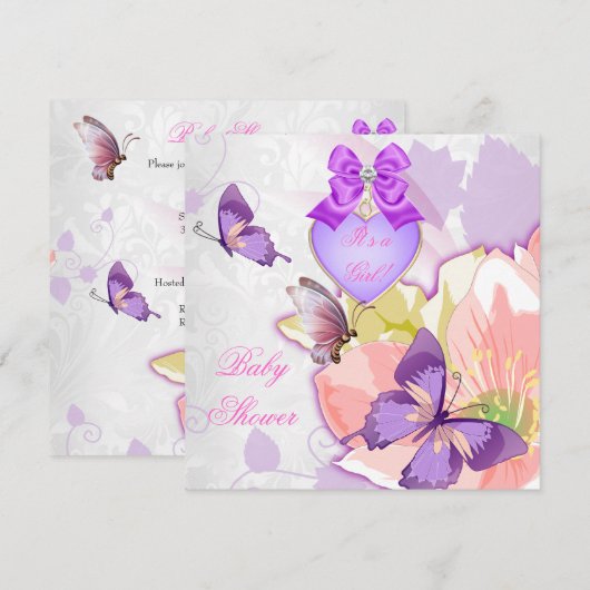 Invitation Fête de bébé fille Papillon rose Fleur violet 2 (Devant / Derrière)