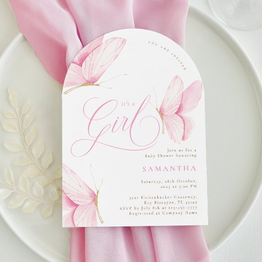 Invitation Fête de Bébé Fille Papillons Rose en Arche