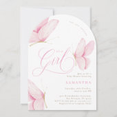 Invitation Fête de Bébé Fille Papillons Rose en Arche (Devant)