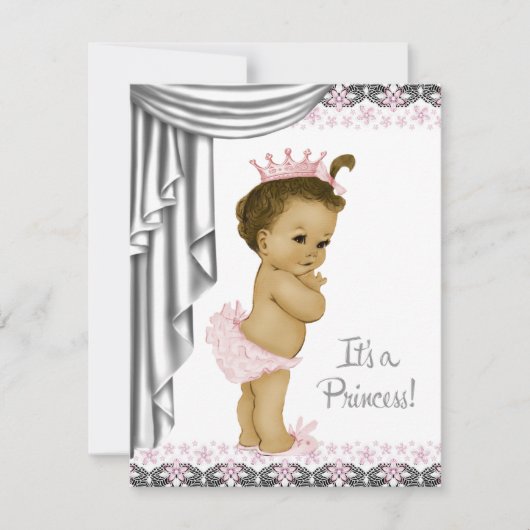 Invitation Fête de bébé fille princesse rose et grise (Devant)