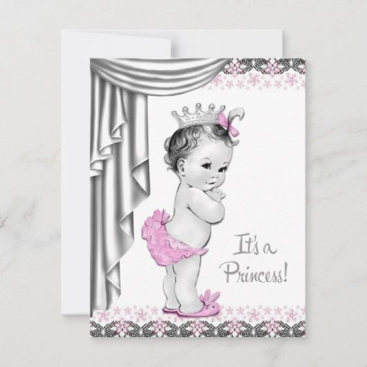 Invitation Fête de bébé fille princesse rose et grise (Devant)