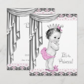 Invitation Fête de bébé fille princesse rose et grise (Devant / Derrière)