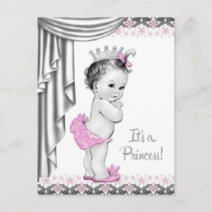 Invitation Fête de bébé fille princesse rose et grise