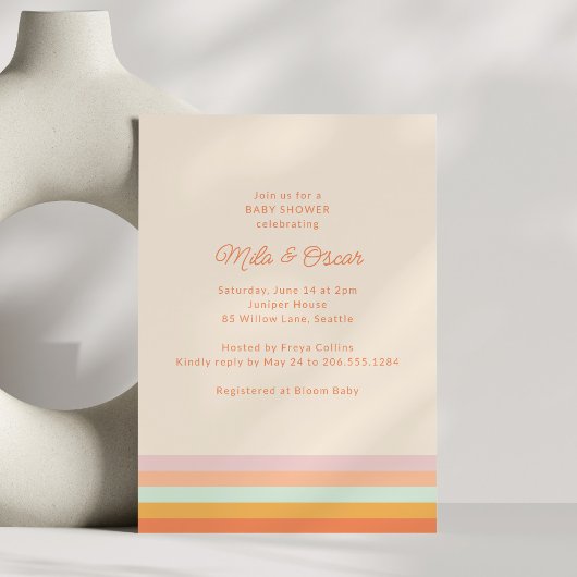 Invitation Fête de Bébé Fille Rayure Rétro Colorée Sprinkle