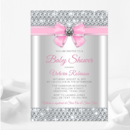 Invitation Fête de bébé fille rose argenté pailleté glamour