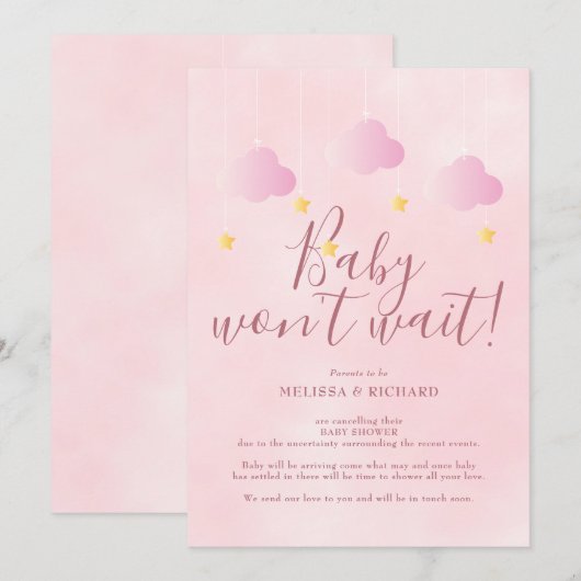 Invitation Fête de bébé fille rose bébé arrive à l'improviste (Devant / Derrière)