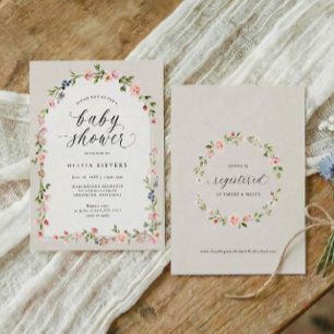 Invitation Fête de bébé fille Rose beige Arche florale aquare