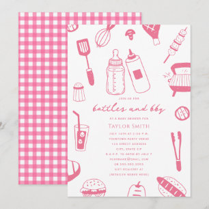 Invitation Fête de Bébé Fille Rose Bouteilles & BBQ