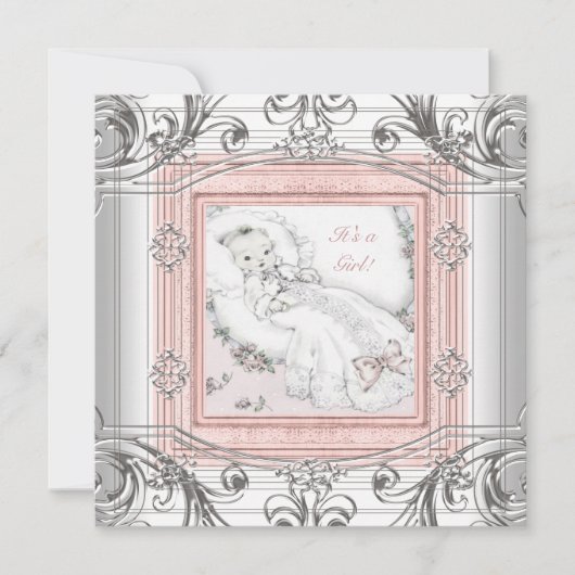 Invitation Fête de bébé fille rose et argent (Devant)