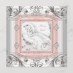 Invitation Fête de bébé fille rose et argent