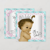 Invitation Fête de bébé fille rose et bleu sarcelle (Devant / Derrière)