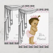 Invitation Fête de bébé fille rose et gris Princesse (Devant / Derrière)