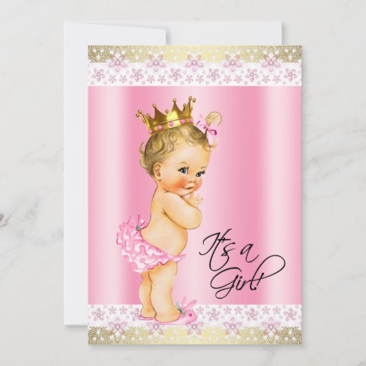 Invitation Fête de bébé fille rose et or Blonde (Devant)