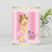 Invitation Fête de bébé fille rose et or Blonde (Debout devant)