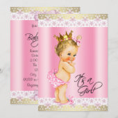 Invitation Fête de bébé fille rose et or Blonde (Devant / Derrière)
