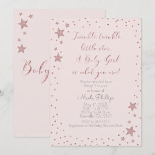 Invitation Fête de Bébé Fille Rose Gold Twinkle Little Star