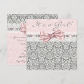 Invitation Fête de bébé fille rose gris damassé (Devant / Derrière)