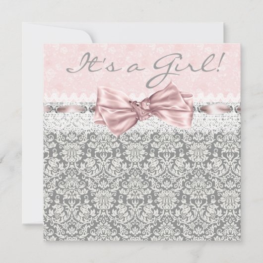 Invitation Fête de bébé fille rose gris damassé (Devant)