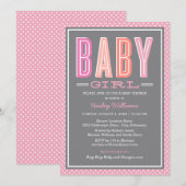 Invitation Fête de Bébé Fille Rose Gris Typographie Gras (Devant / Derrière)