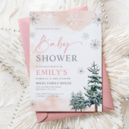 Invitation Fête de Bébé Fille Rose Hiver Merveilleux