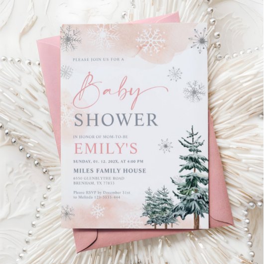 Invitation Fête de Bébé Fille Rose Hiver Merveilleux