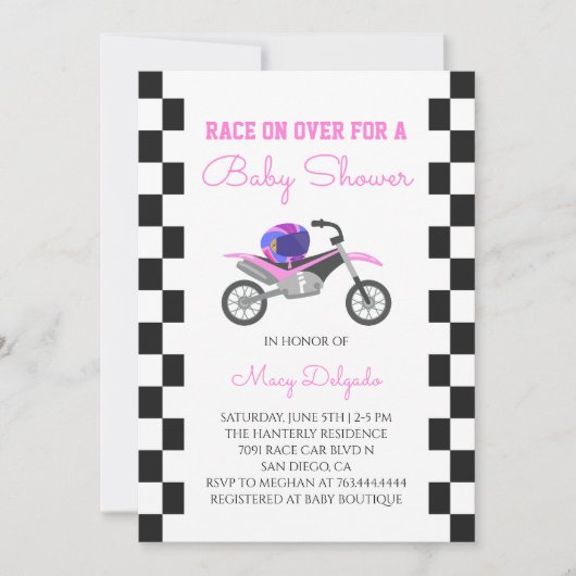 Invitation Fête de Bébé Fille Rose Moto Cross (Devant)