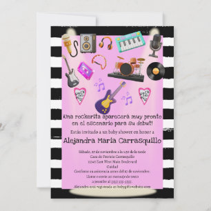 Invitation Fête de bébé fille rose Rock n Roll espagnol