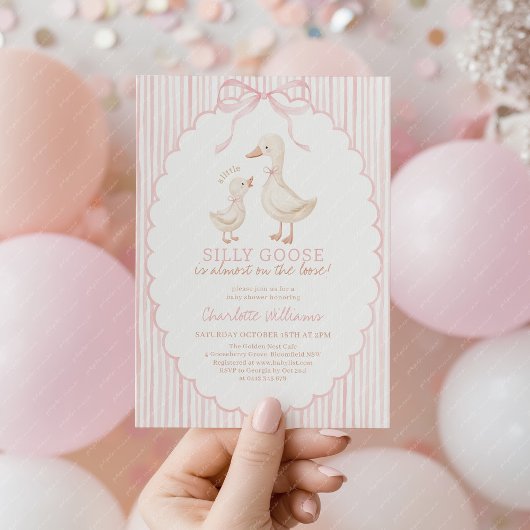 Invitation Fête de bébé fille rose Silly Goose