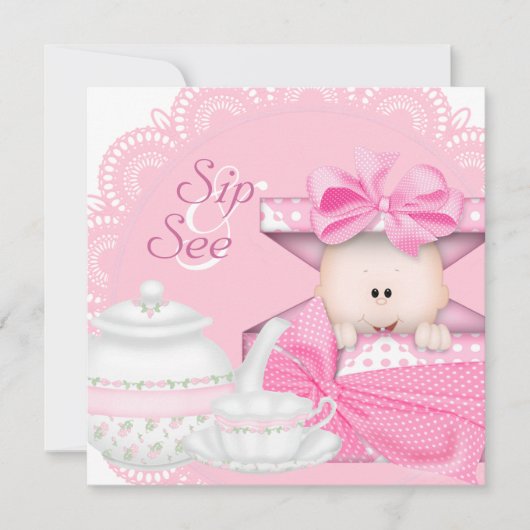Invitation Fête de bébé fille Rose Sip and See (Devant)