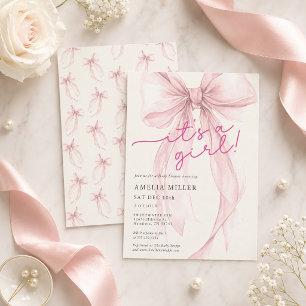 Invitation Fête de Bébé Fille Ruban Rose Coquette