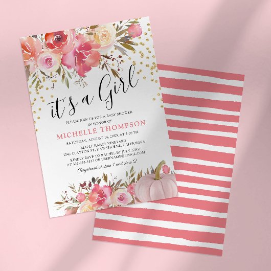 Invitation Fête de bébé fille thème Automne Rose Citrouille