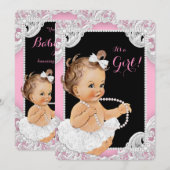 Invitation Fête de bébé fille tutu blanc perle rose noir (Devant / Derrière)
