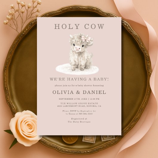 Invitation Fête de Bébé Fille Vache Highland Rose