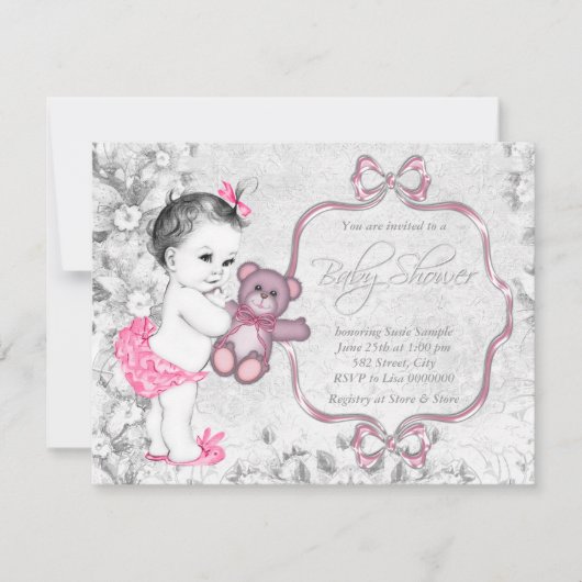 Invitation Fête de bébé fille vintage gris rose (Devant)