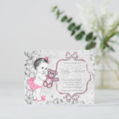 Invitation Fête de bébé fille vintage gris rose (Debout devant)