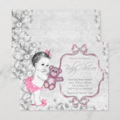Invitation Fête de bébé fille vintage gris rose (Devant / Derrière)
