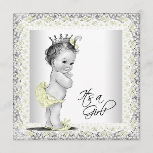 Invitation Fête de bébé fille vintage jaune et gris