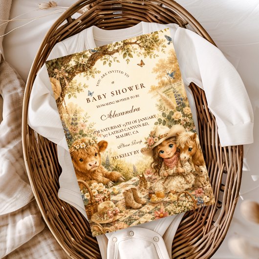 Invitation Fête de Bébé Fille Western Boho Rustique
