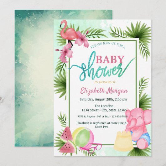 Invitation Fête de bébé flamant rose, pastèque, éléphant et p (Devant / Derrière)