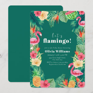Invitation Fête de bébé Flamingo Tropical Floral Green Let's