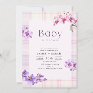 Invitation Fête de bébé Fleur d'Orchidée Violette Gingham Vin