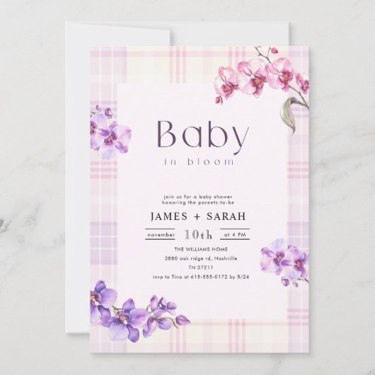Invitation Fête de bébé Fleur d'Orchidée Violette Gingham Vin (Devant)