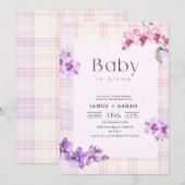 Invitation Fête de bébé Fleur d'Orchidée Violette Gingham Vin (Devant / Derrière)