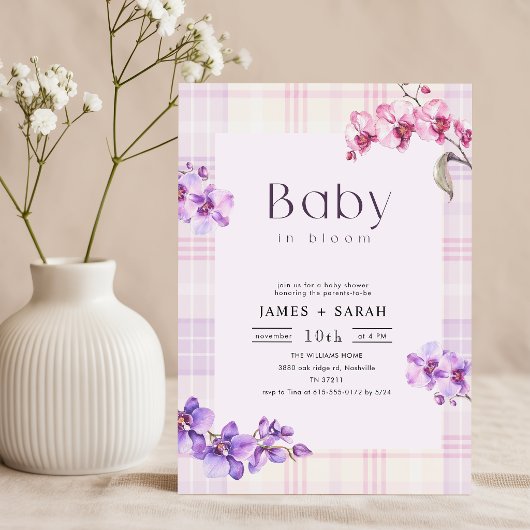 Invitation Fête de bébé Fleur d'Orchidée Violette Gingham Vin