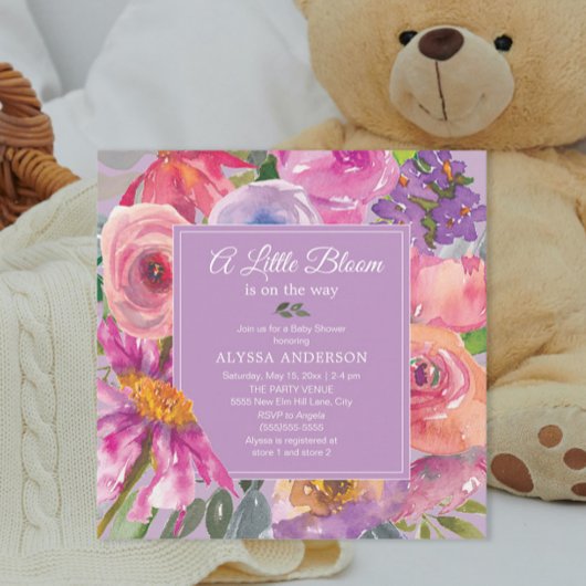 Invitation Fête de Bébé Fleur Little Bloom Rose Violet