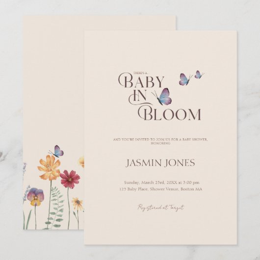 Invitation Fête de Bébé Fleur Papillon Pastel (Devant / Derrière)