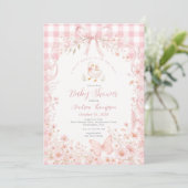 Invitation Fête de Bébé Fleur Rose Blush Silly Goose Gingham (Debout devant)
